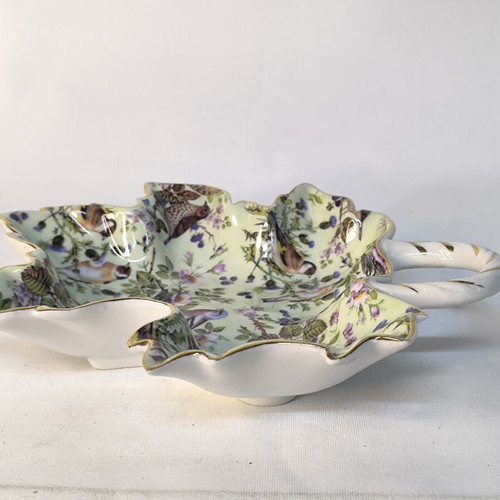 Porcelain leaf-shaped plate with birds and flowers like new