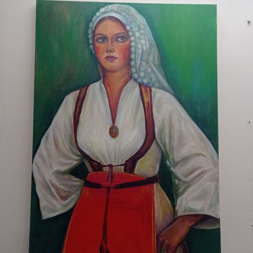 Painting Woman with Traditional Costume Canvas 100x70cm Like New