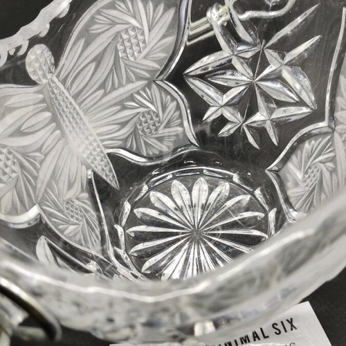 Crystal bowl for sweets like new with handle and butterflies 70s 80s