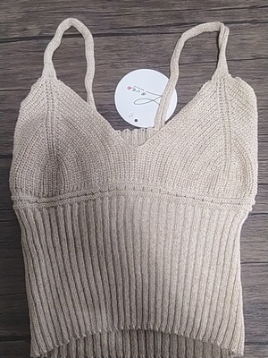 Crop top πλεκτό με χρυσή κλωστή, καινούργιο, μπεζ, μέγεθος S