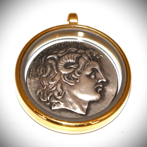 Pendant ancient coin Alexander the Great in glass case 22K gold plated