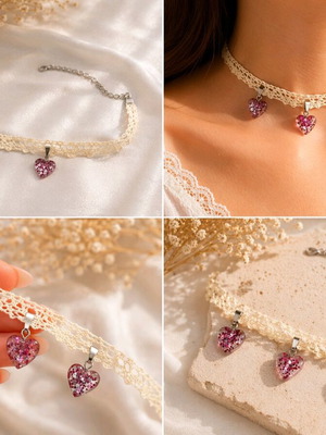 Choker with 3 pink hearts new, girly style