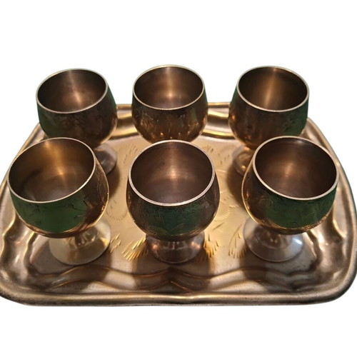 Silver-plated tray with 6 used shot glasses