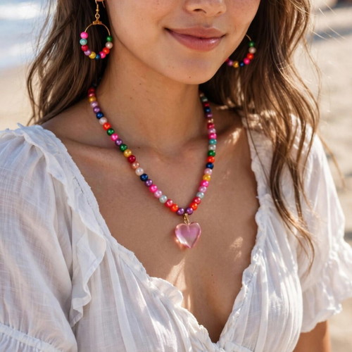 Handmade colorful beaded summer necklace and earrings set