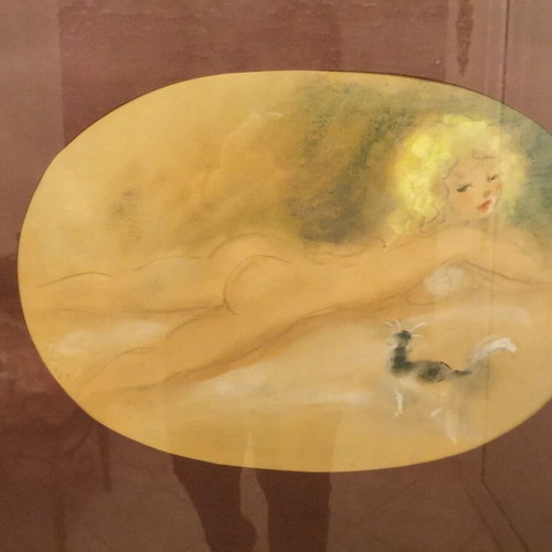 Painting by Dori Michail Papageorgiou "Nude Girl with Cat" like new