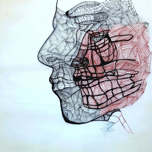 Artwork with two faces in black and red, original drawing