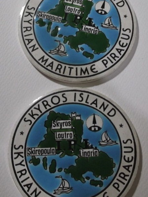 Vintage ceramic coasters set of 2 handpainted Skyros theme used