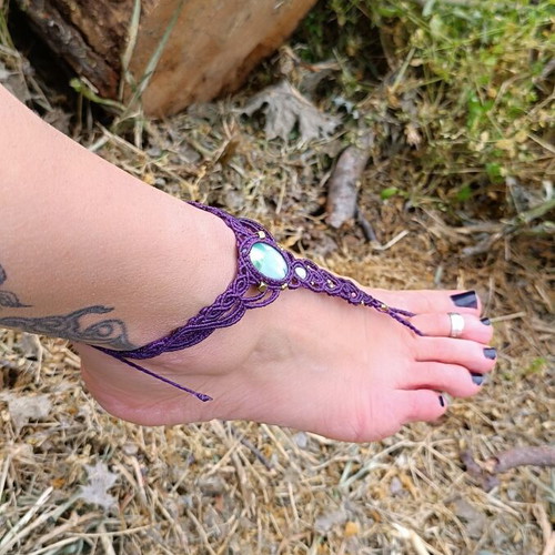 Macrame barefoot sandal with larimar semiprecious stone