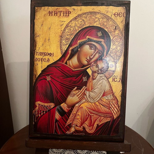 Byzantine icon of Panagia Glykofilousa 35×24 with wooden easel like new