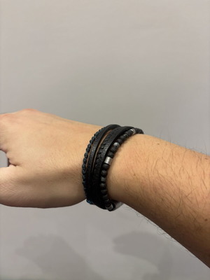 Men's Multi-Strand Bracelet with Faux Leather, Rope & Black Beads, 22cm