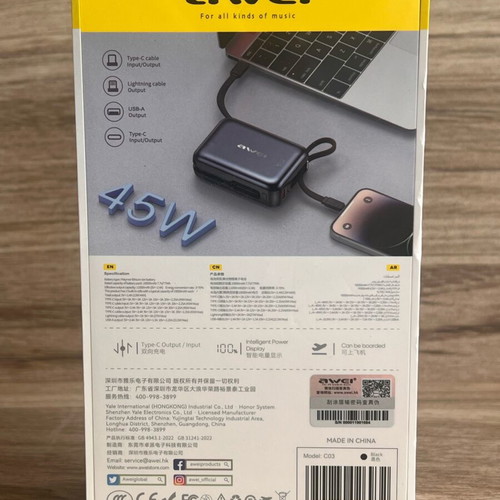Awei C03 20000mAh Power Bank with Built-in Cables, 45W Fast Charging