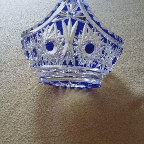 Bohemian crystal basket with cobalt blue cut-to-clear design