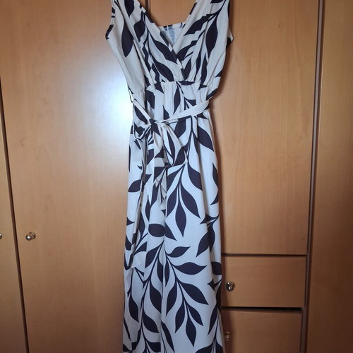 Jumpsuit new, white with large black leaf pattern, adjustable straps