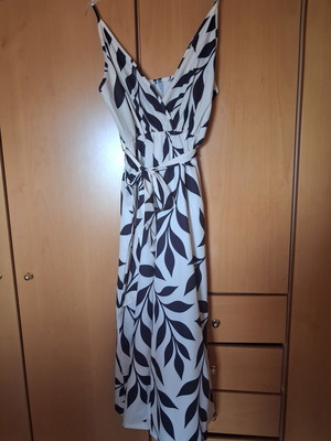 Jumpsuit new, white with large black leaf pattern, adjustable straps
