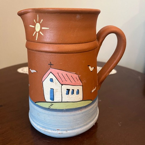 Handmade ceramic jug with painted island landscape, new