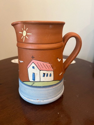 Handmade ceramic jug with painted island landscape, new