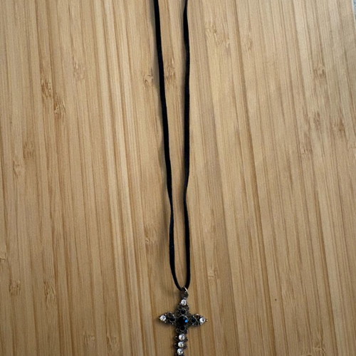 Carved vintage cross with rhinestones used and velvet strap