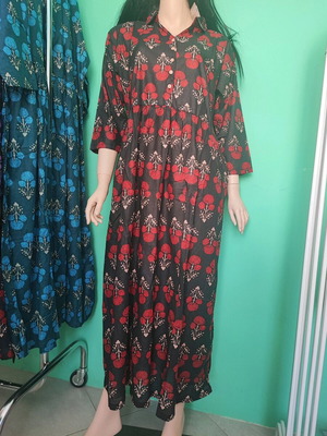 Long cotton poplin dress red with black L Rima Beachwear