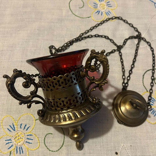 Old Silver-Plated Russian Candle Holder with Red Glass Used