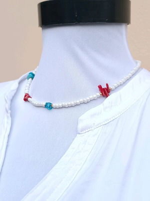 Summer white choker with red coral chips, turquoise shells, and crystal cube