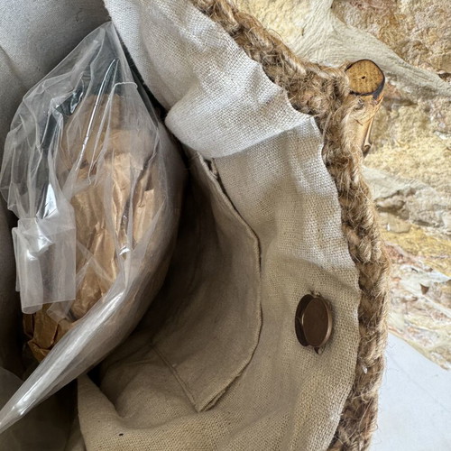 Handmade knitted Stella bag with bamboo handles, like new, beige and brown