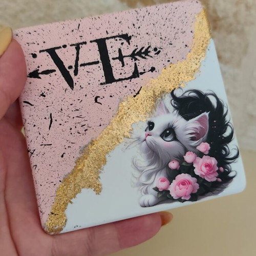 Handmade love cat coasters set of 2 large size