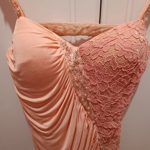 Evening dress Maestri silk peach long with slit and open back like new size small