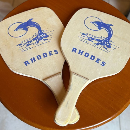 Wooden Rhodes Beach Rackets Set of 2 with Dolphin Design like new