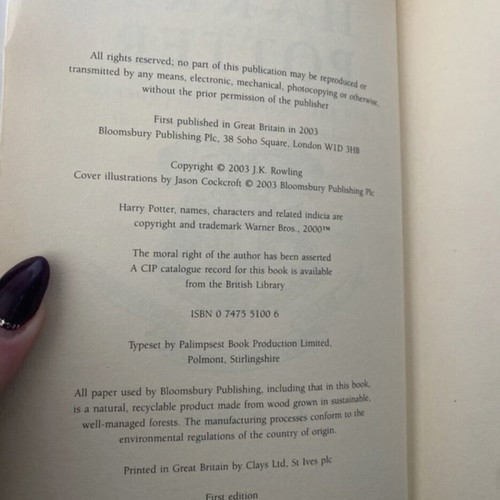Harry Potter and the Order of the Phoenix book used, first edition, rare misprint