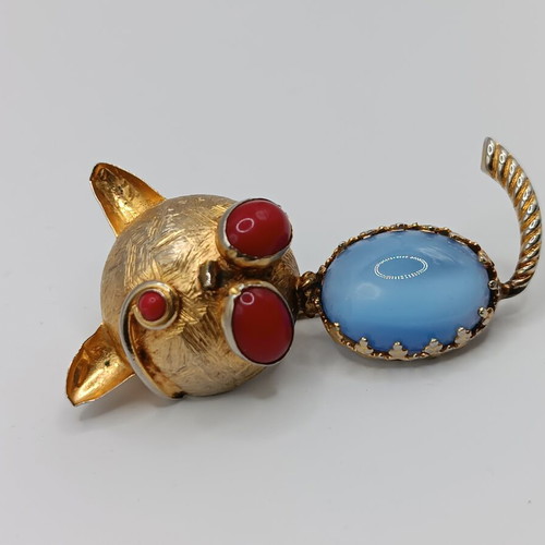 Vintage Jelly Belly Cat Brooch used, mid century 1960, gold with blue cabochon