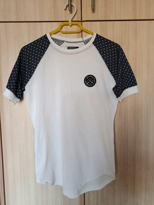 Vinyl blouse M used with polka dot sleeves white and blue