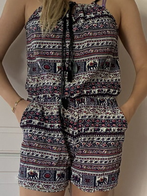 Boho Elephant Print Cotton Summer Romper with Pockets S/M Like New