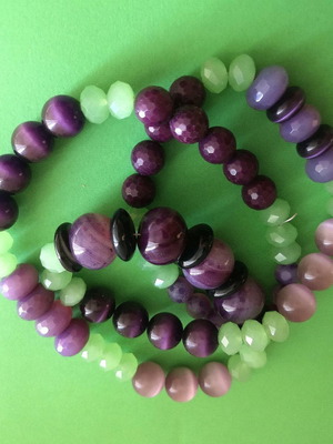 Long necklace new handmade with green and purple semi-precious stones