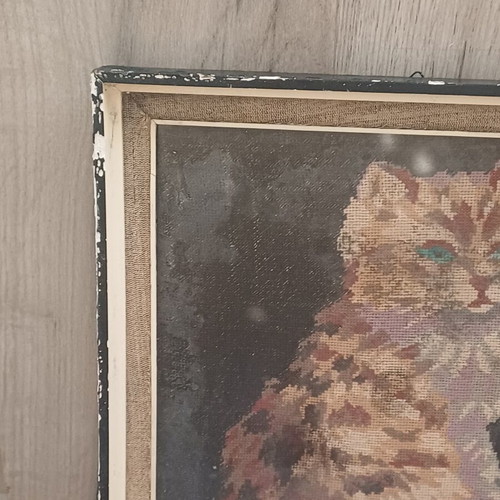 Cat vintage handmade embroidered framed art used