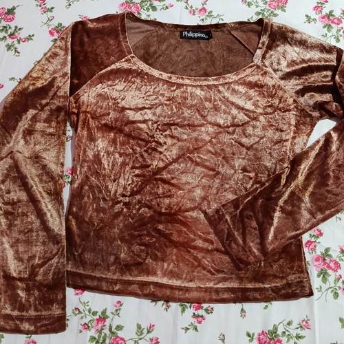 Velvet blouse M, vintage, brown, open neckline