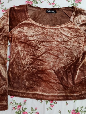 Velvet blouse M, vintage, brown, open neckline