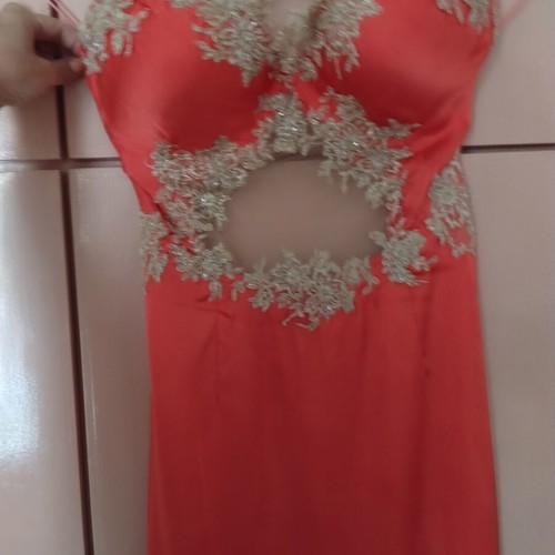 Saten prom dress used, coral with gold lace embroidery and cut-out