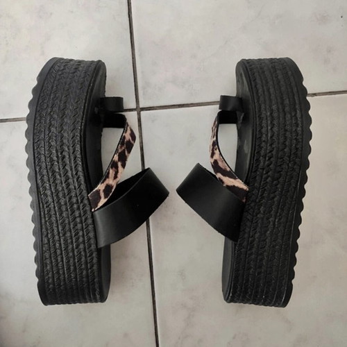 Genuine Leather Handmade Platform Flatform Sandals Black Leopard, Like New