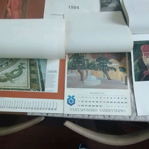 Old calendars used with images and large map of Greece