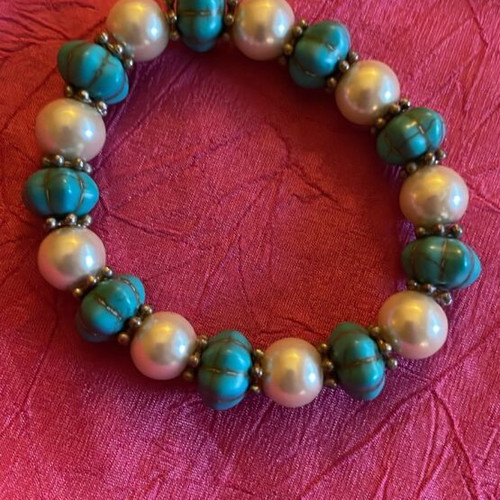 Black bracelet with shiny stones and turquoise pearl bracelet, set of 2
