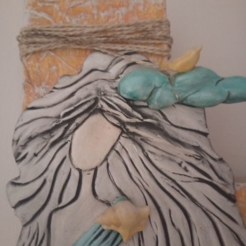Mixed Media Ceramic 3D Figure on Wood, like new