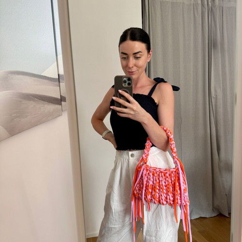 Handmade Crochet Fringe Bag new, pink and orange t-shirt yarn handbag