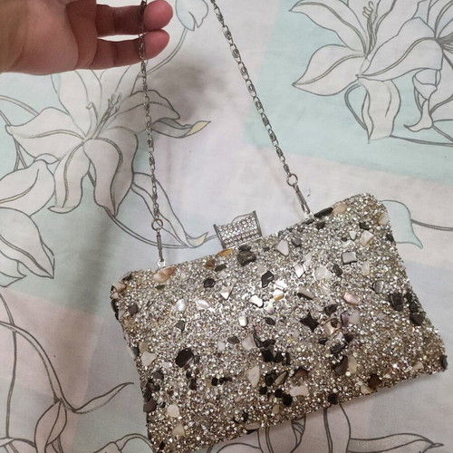 Evening bag with rhinestones and stones, new, shoulder type, gray multicolor