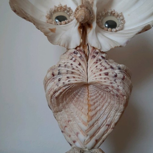 Decorative owl figurine made of large shells used
