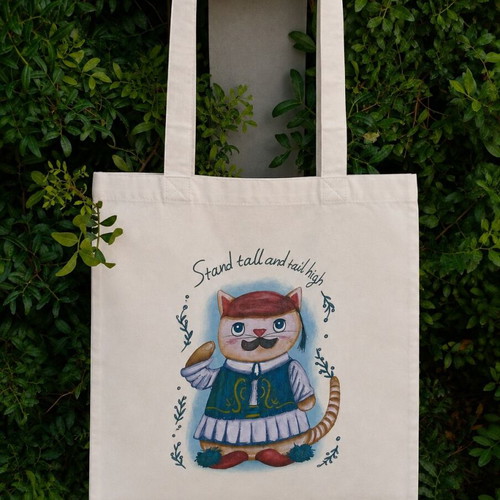 Tsolias Cat Tote Bag, white polyester shoulder bag