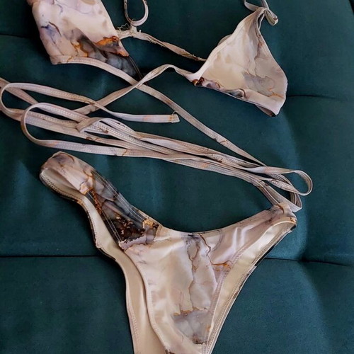 Polymorphic Triangle Bikini Set used, marble print, turquoise and gold