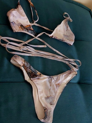 Polymorphic Triangle Bikini Set used, marble print, turquoise and gold