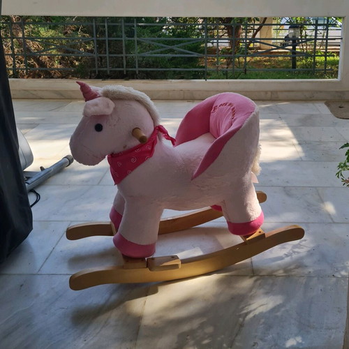 Rock My Baby wooden rocking horse with plush unicorn like new