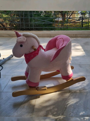 Rock My Baby wooden rocking horse with plush unicorn like new