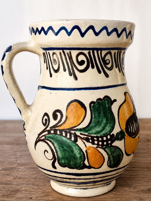 Vintage Handmade Ceramic Jug used, traditional folk art decoration